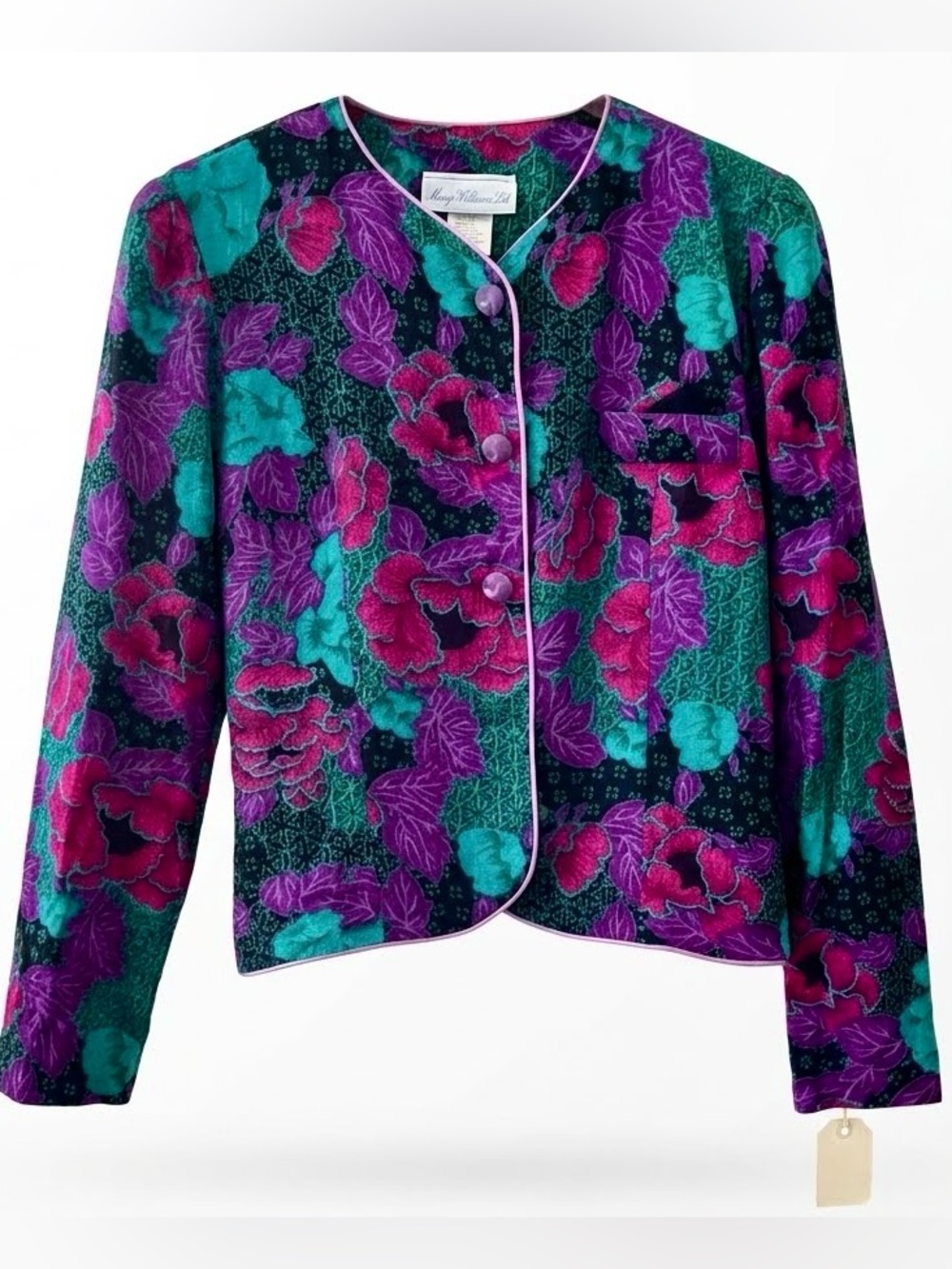 Vintage 80s Bright Floral Button Up Long Sleeve Blouse Turquoise Purple Chic 14
